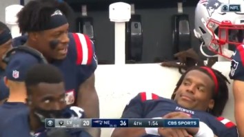 Cam Newton’s Hilarious Sliding Down The Bench Reaction While Talking To N’Keal Harry Becomes An Instant Meme