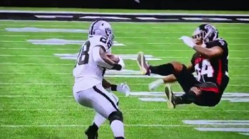 Raiders RB Josh Jacobs Sends Falcons Defender Flying After Ramming Him With Helmet During Run