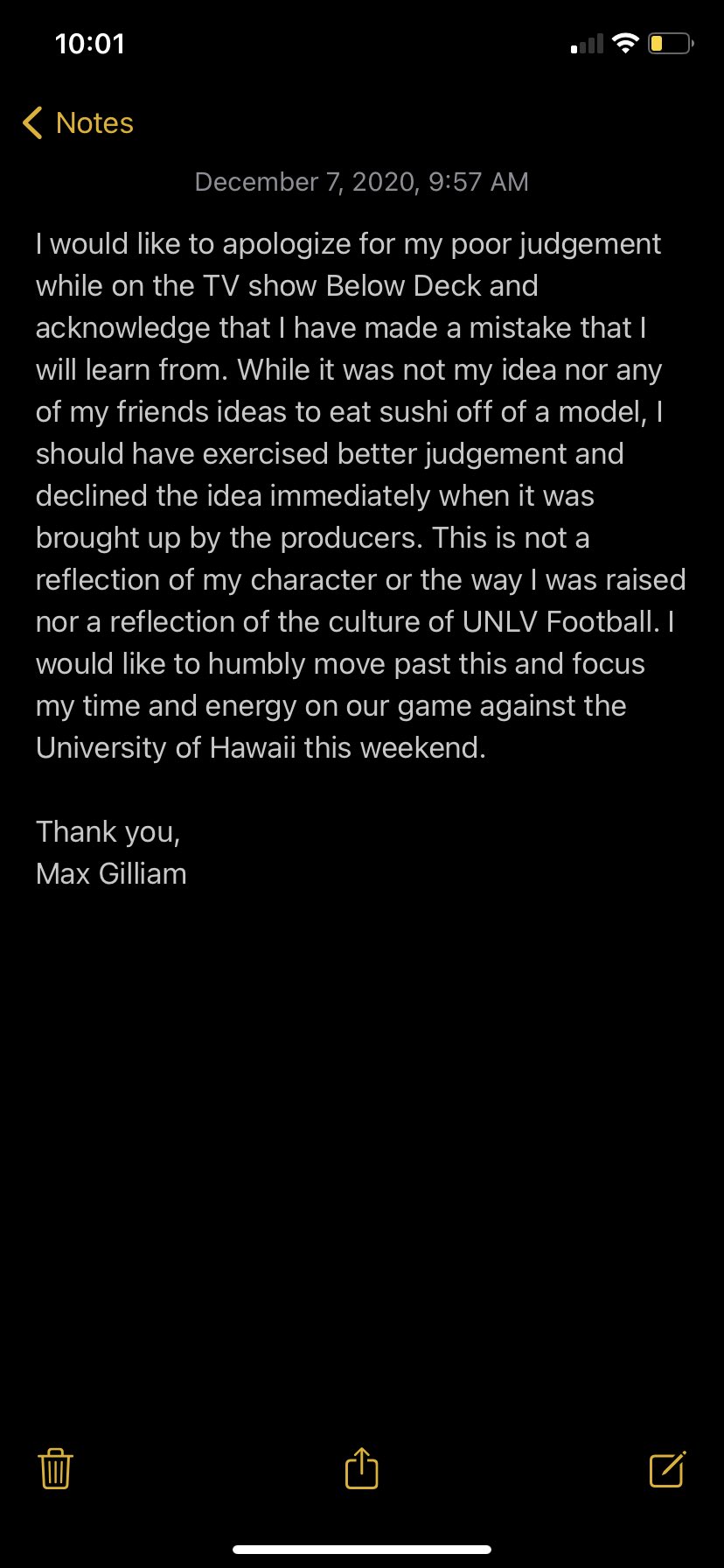 UNLV Quarterback Max Gilliam Makes A Formal Apology Via 