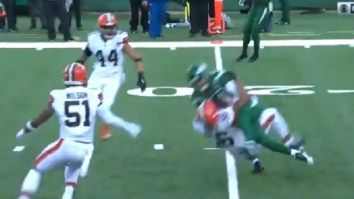 Jets QB Sam Darnold Hits Browns LB Malcolm Smith The Truck Stick And Runs Hims Over For First Down