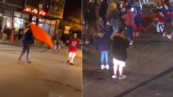 Bills Fan Celebrates AFC Championship Berth By Breaking A Table In The Middle Of Busy Street