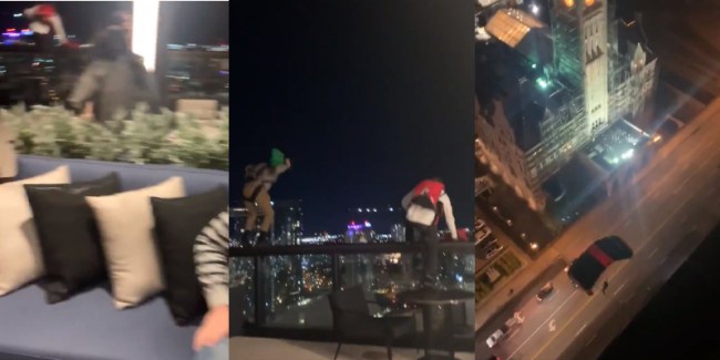 BASE jumpers at Grand Hyatt Nashville rooftop bar and lounge in video.