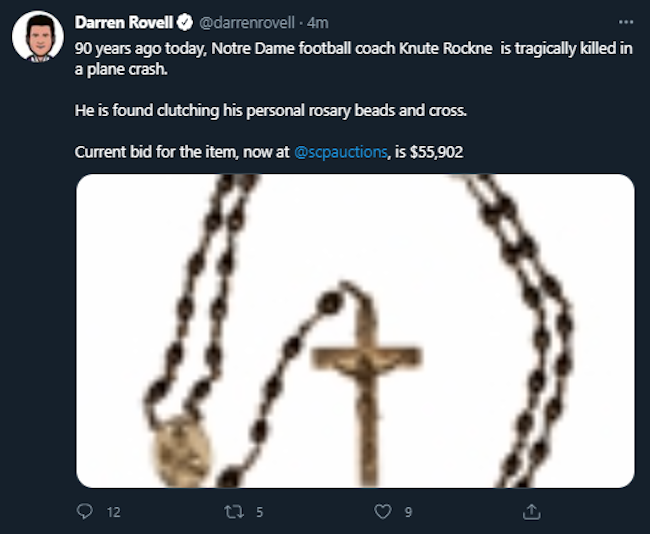 darren rovell knute rockne death tweet
