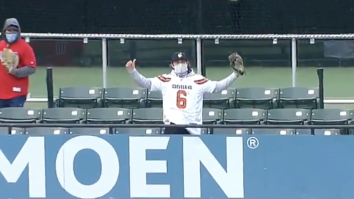 Fake Baker Mayfield Got UP For A Ridiculous Leaping Home Run Catch In The Centerfield Stands At The Indians Game