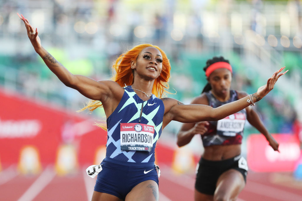 Sha Carri Richardson Dusts Olympic Trial Heat With Her Shoe Untied   GettyImages 1324309260 