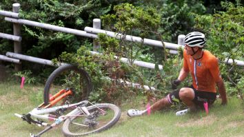 WATCH: Olympic Gold Medal Favorite Mountain Biker Suffers HUGE Crash Off Of Boulder Jump