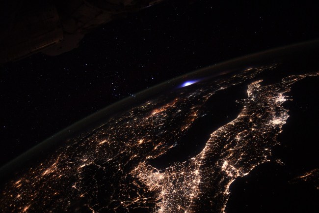 The European Space Agency ESA astronaut Thomas Pesquet took a photo of blue light from the International Space Station ISS as a brief, bright event.