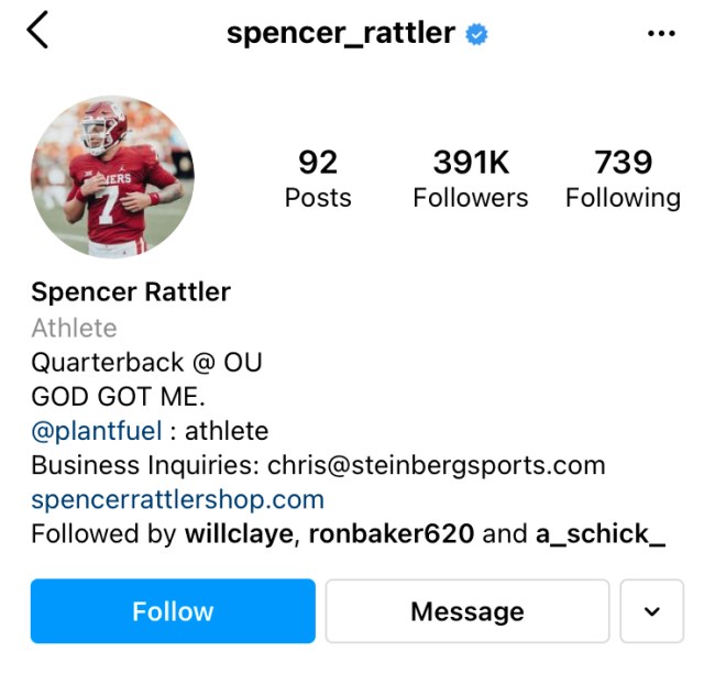 Spencer Rattler Instagram Biography Oklahoma Removed