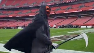 Myles Garrett Wins Halloween After Showing Up To Stadium Wearing Grim Reaper Outfit Featuring List Of QBs He’s Sacked During Career
