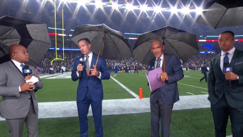 NBC Football Analyst Rodney Harrison Goes Viral After Having Someone Hold His Umbrella For Him During Broadcast