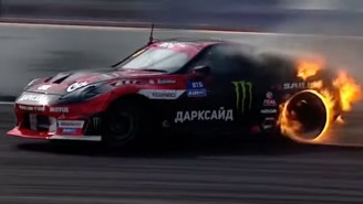 Russian Driver Refuses To Let His Car Bursting Into Flames Stop Him From Finishing A Drift Competition