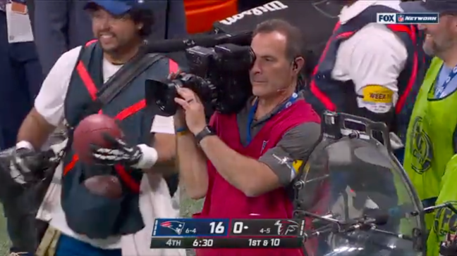 Don Cornelli Cameraman Hit In The Head Field Goal Nick Folk New England Patriots Fox Atlanta Falcons