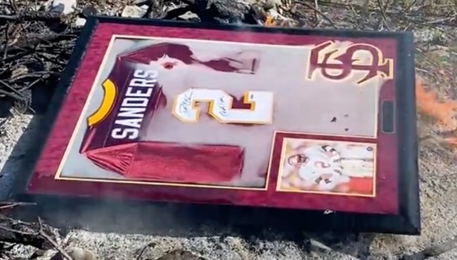 Angry FSU Fan Burned Framed And Autographed Deion Sanders Jersey
