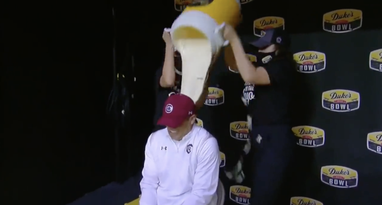 Gamecocks Coach Shane Beamer Gets Duke's Mayonnaise Bath (Video)
