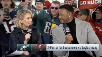 Patriots Fan Hilariously Gets Denied Trying To Get On TV Before Eagles/Buccaneers Playoff Game (Video)