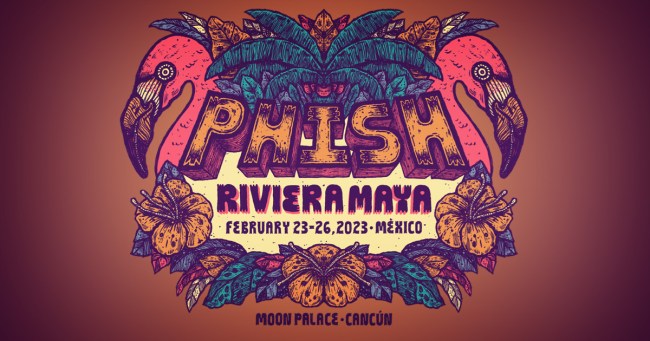 Art with pink flamingos and tropical plants for the Phish Mexico at Riveria Maya