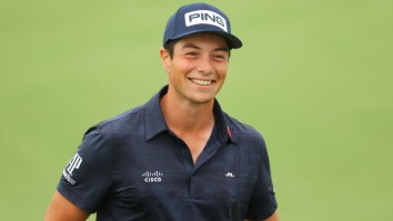 Viktor Hovland Celebrates Hole-In-One At The Players By Picking Up His Playing Partner After High-Five Gaffe