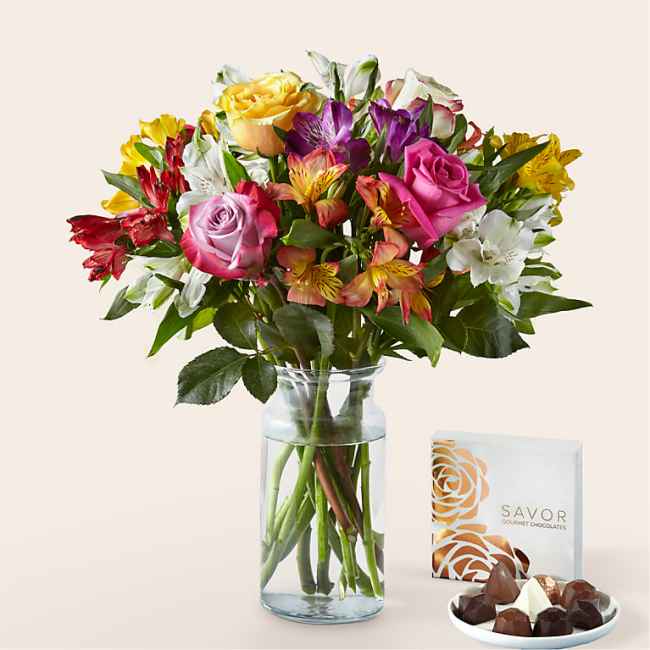 Smiles and Sunshine Bouquet with Glass Vase and Box of Chocolates - Mothers Day Gifts