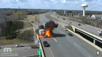 Truck Gets Sideswiped, Bursts Into Flames And Almost Falls Off A Bridge Like Something Out Of An Action Movie