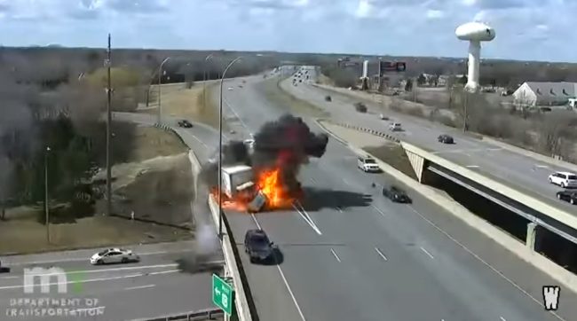 Truck Gets Sideswiped Bursts Into Flames Almost Falls Off A Bridge