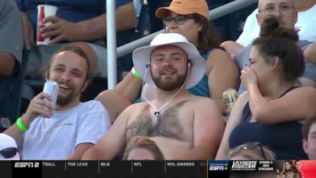 Baseball Fan With Chest Hair Shaved Like A Bikini Top Shotguns Beer At College World Series