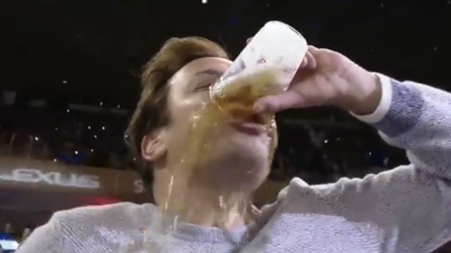 Jimmy Fallon Fails At Slamming His Hot Dog And Beer At Rangers Game