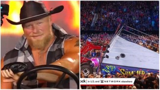 ‘Cowboy’ Brock Lesnar Came Out Driving A Tractor To SummerSlam, Lifted The Ring With Roman Reigns In It And It Was Awesome