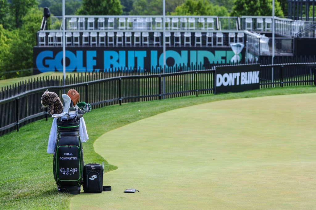 The bag of Charl Schwartzel is seen at the practice green before a practice round at LIV Golf Invitational