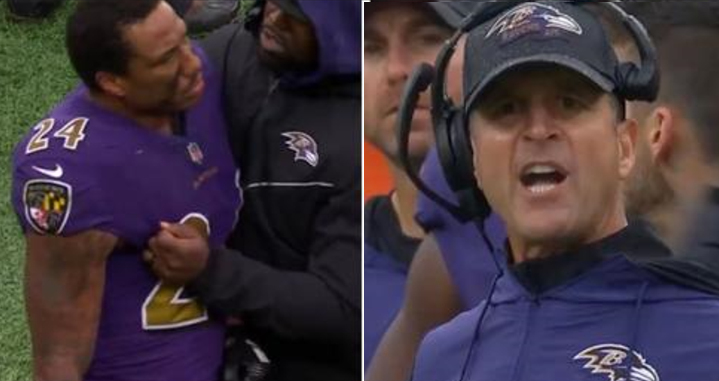 Ravens HC John Harbaugh, CB Marcus Peters exchange words in final seconds  of Week 4 loss to Bills