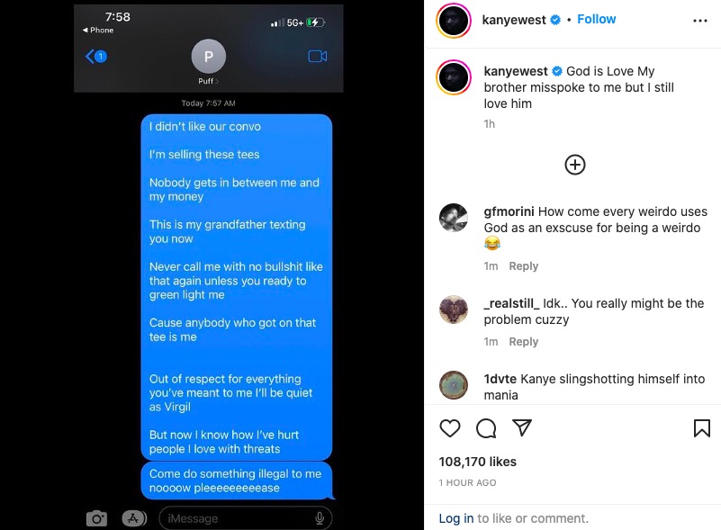 Kanye Posts Texts With Diddy Says He S An Example To Jewish People