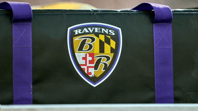 A Baltimore Ravens logo on an equipment bag.