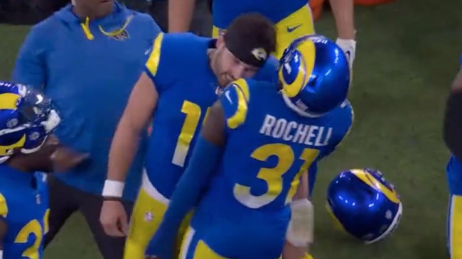 baker mayfield celebrating with the rams