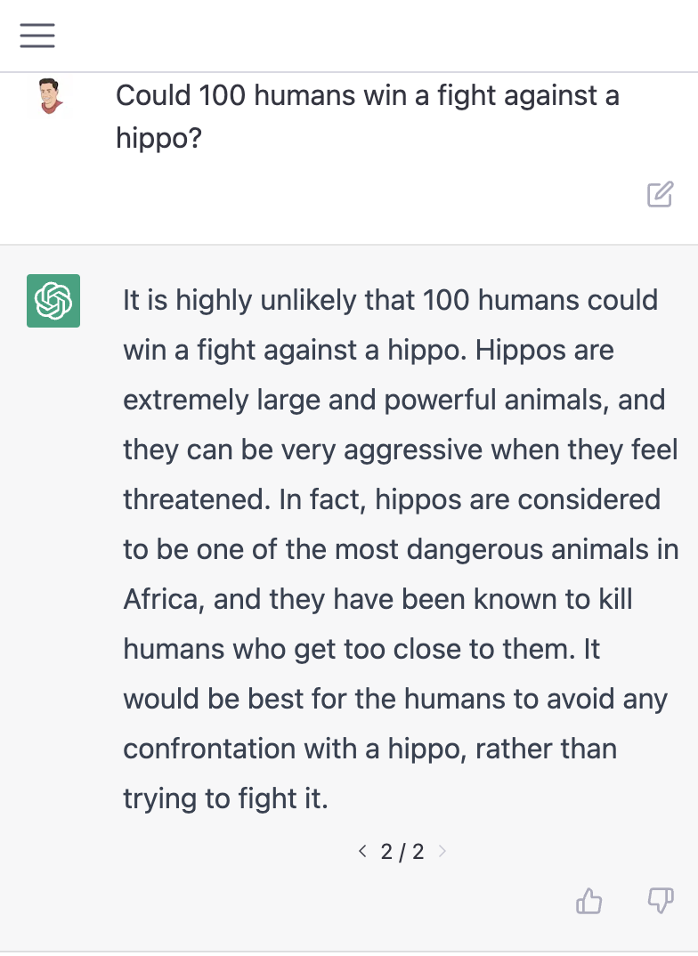 ChatGPT answer 100 humans vs hippo