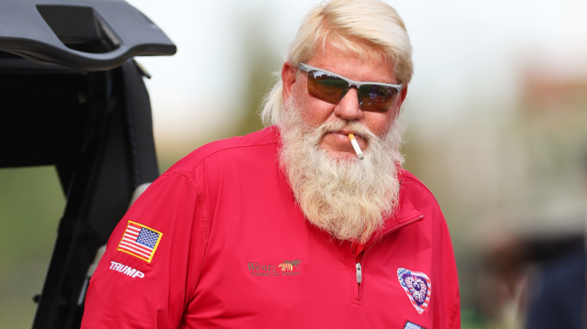 John Daly looks on from the golf course.