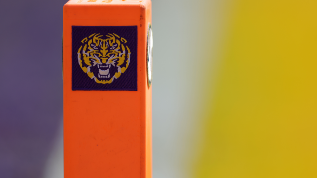An LSU logo on a football pylon.
