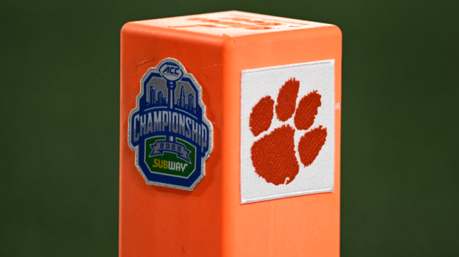 A Clemson Tigers logo on a pylon.