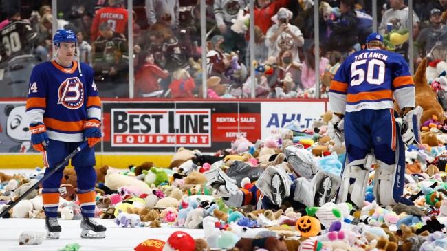 The aftermath of the Teddy Bear Toss at a Hershey Bears game in 2023