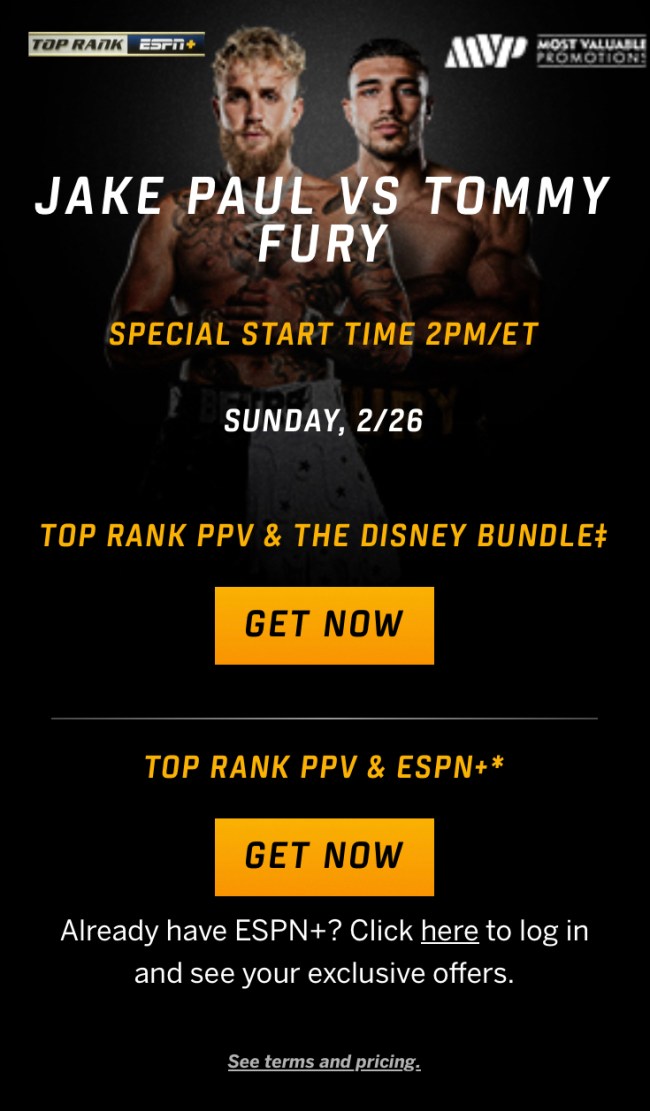 Watch Jake Paul vs Tommy Fury this Sunday on ESPN+