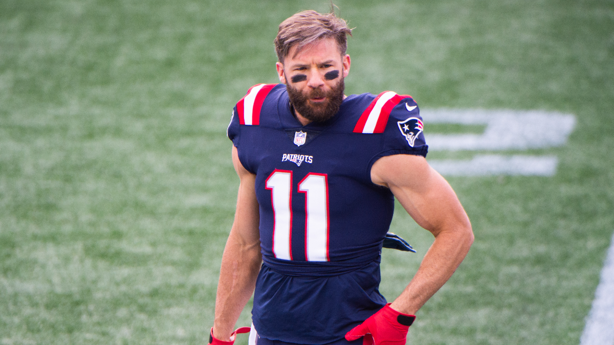 New England Patriots wide receiver Julian Edelman makes a diving