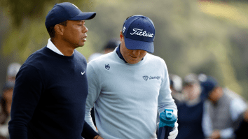 Tiger Woods Shocks Fans By Appearing To Hand Playing Partner Justin Thomas A Female Hygiene Product After Poor Drive
