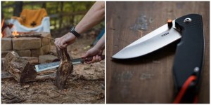 A knife and a hatchet in an outdoor setting