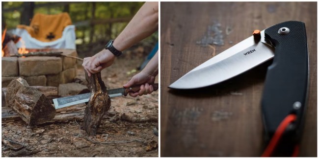 A knife and a hatchet in an outdoor setting