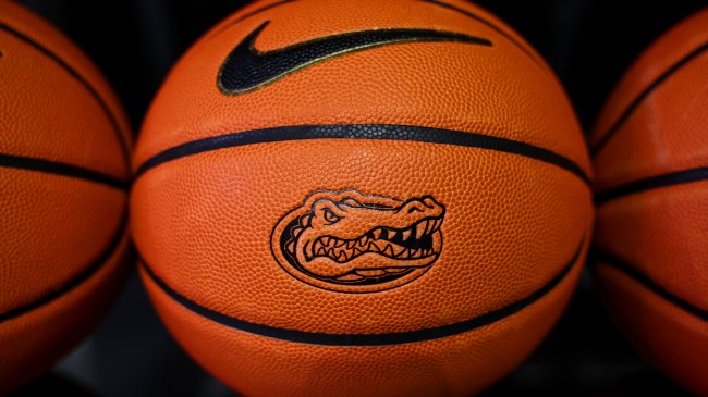 A Florida Gators logo on a basketball.