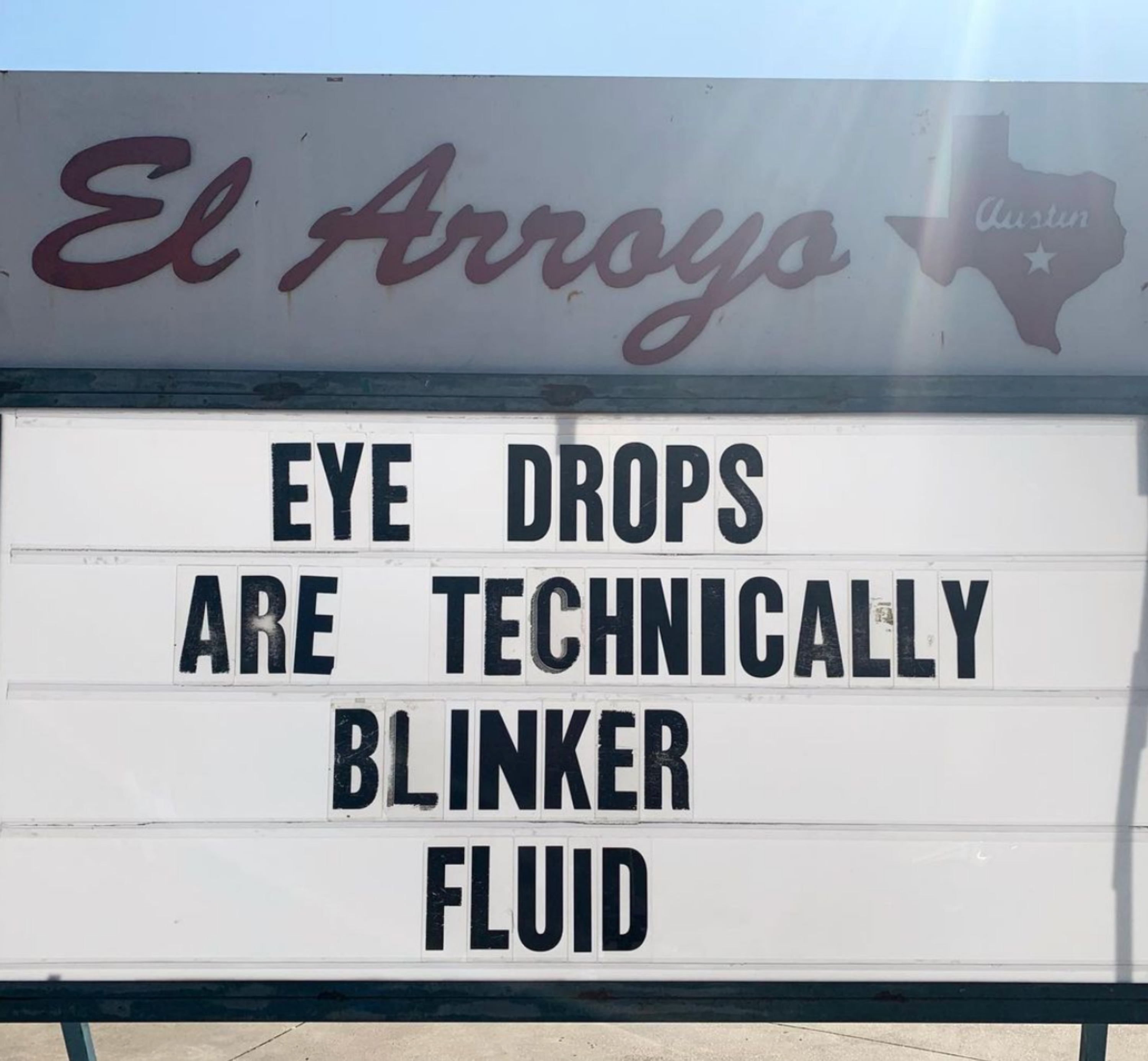 funny joke sign about eye drops and blinker fluid
