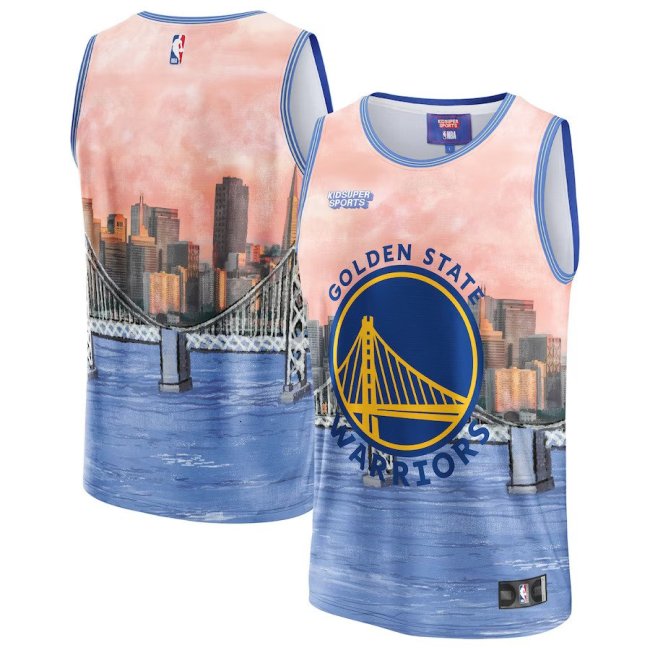 Colorful NBA Golden State Warriors jersey with a Bay Area cityscape designed by streetwear designer KidSuper.