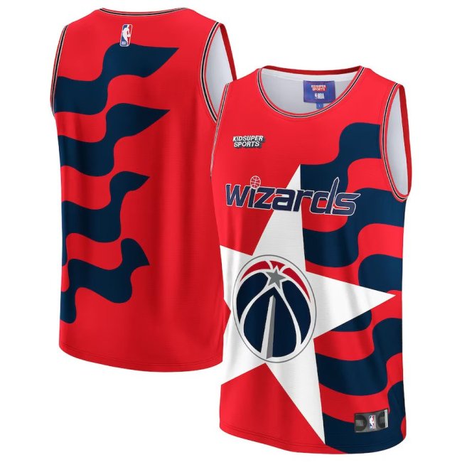 Colorful NBA Washington Wizards jersey designed by streetwear designer KidSuper.