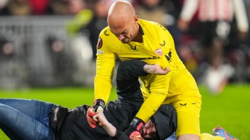 Pitch Invader Gets Dropped By Goalkeeper During Europa League Match After Punches Are Thrown