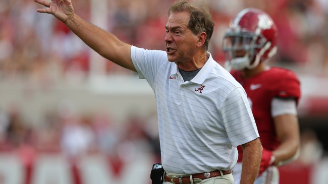 Nick Saban yells from the sidelines.