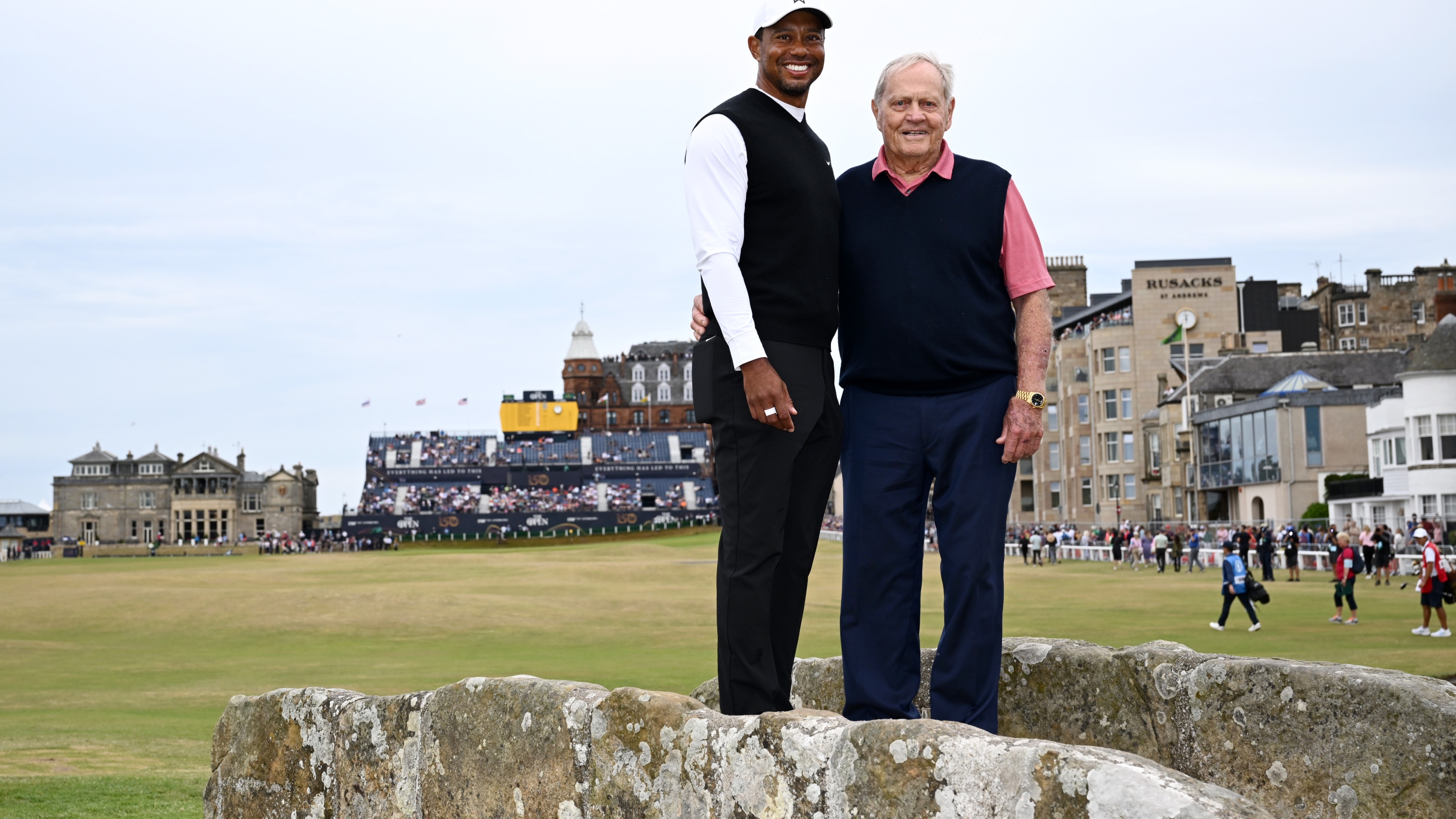 Tiger Woods and Jack Nicklaus on the Swilcan Bridge