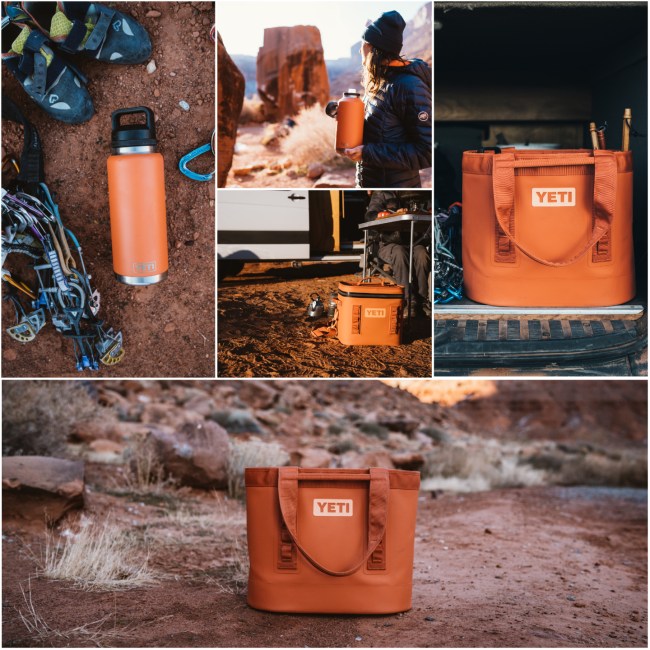 YETI products like a water bottle and tote bag in the new High Desert Clay color